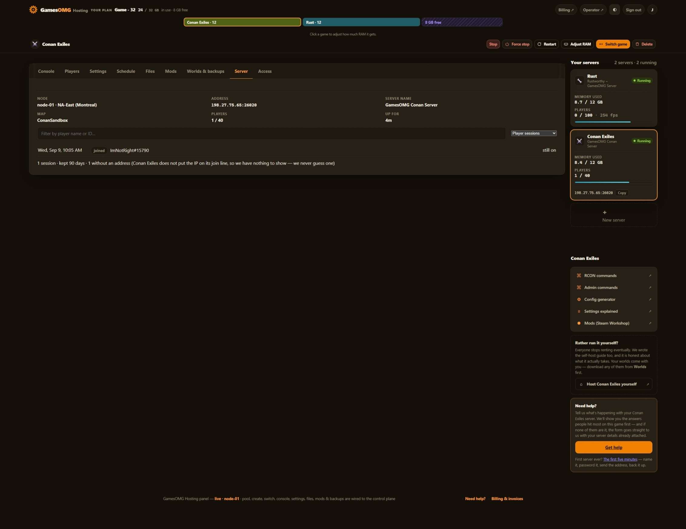 The history tab in the GamesOMG Hosting panel, shown on a Conan Exiles server