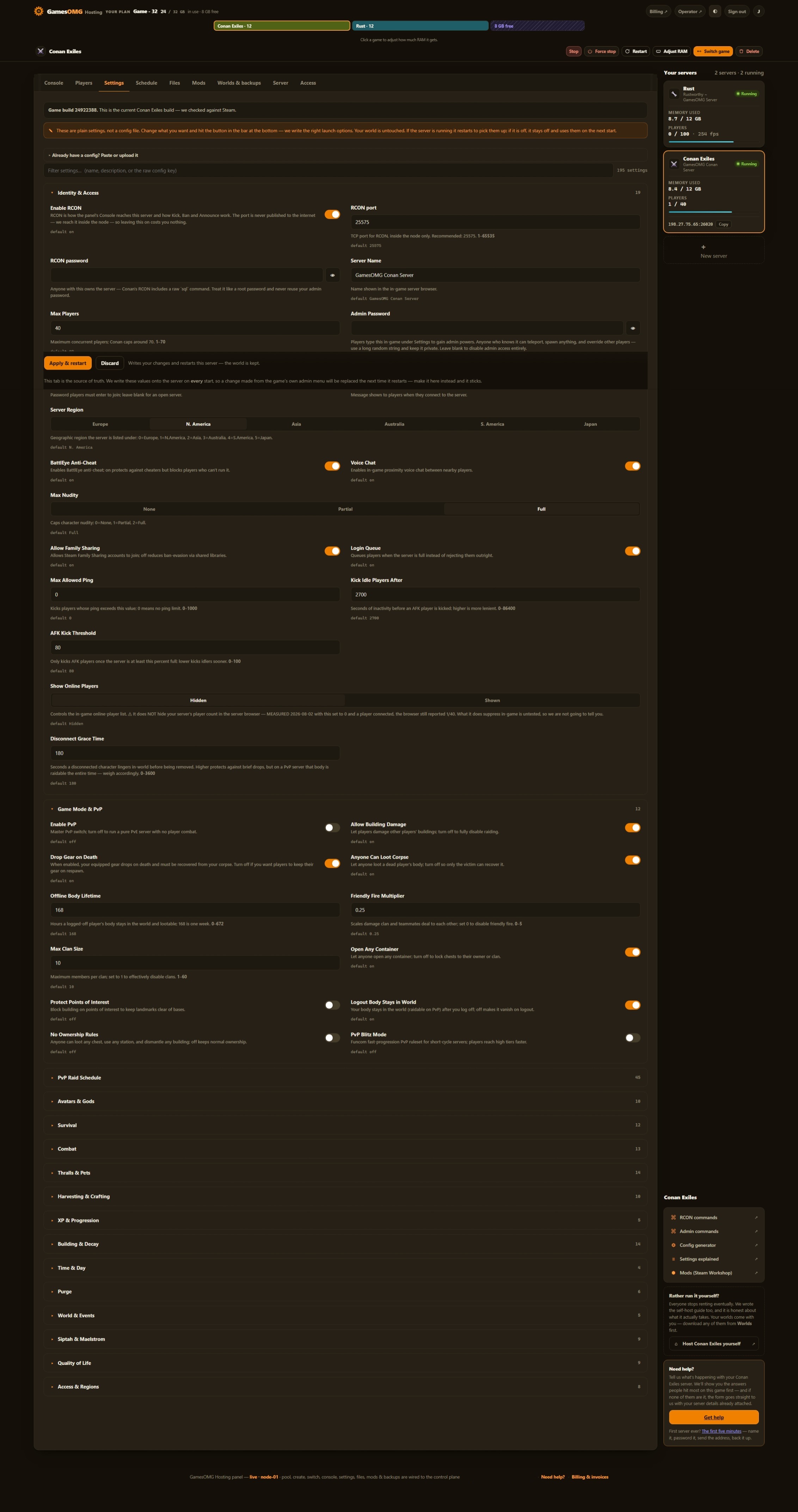 Conan Exiles settings in the GamesOMG Hosting panel