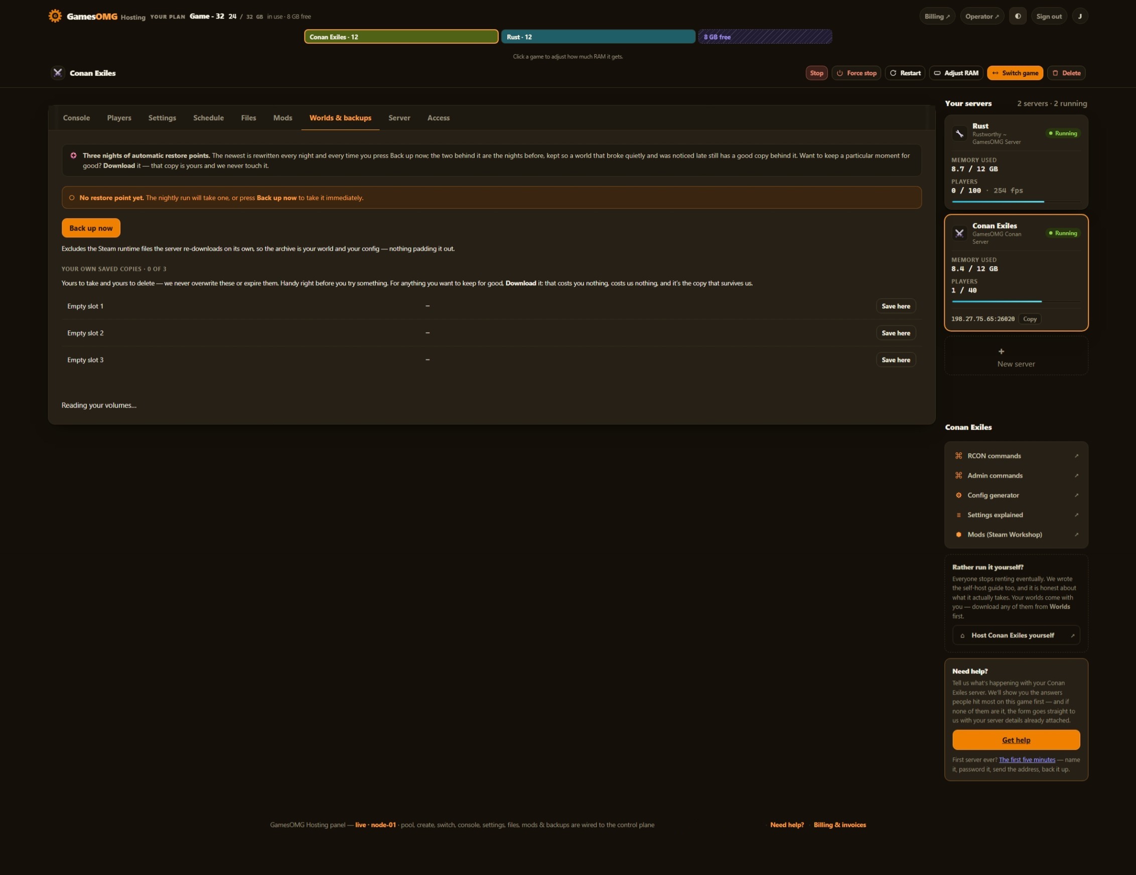 The worlds and backups tab in the GamesOMG Hosting panel, shown on a Conan Exiles server
