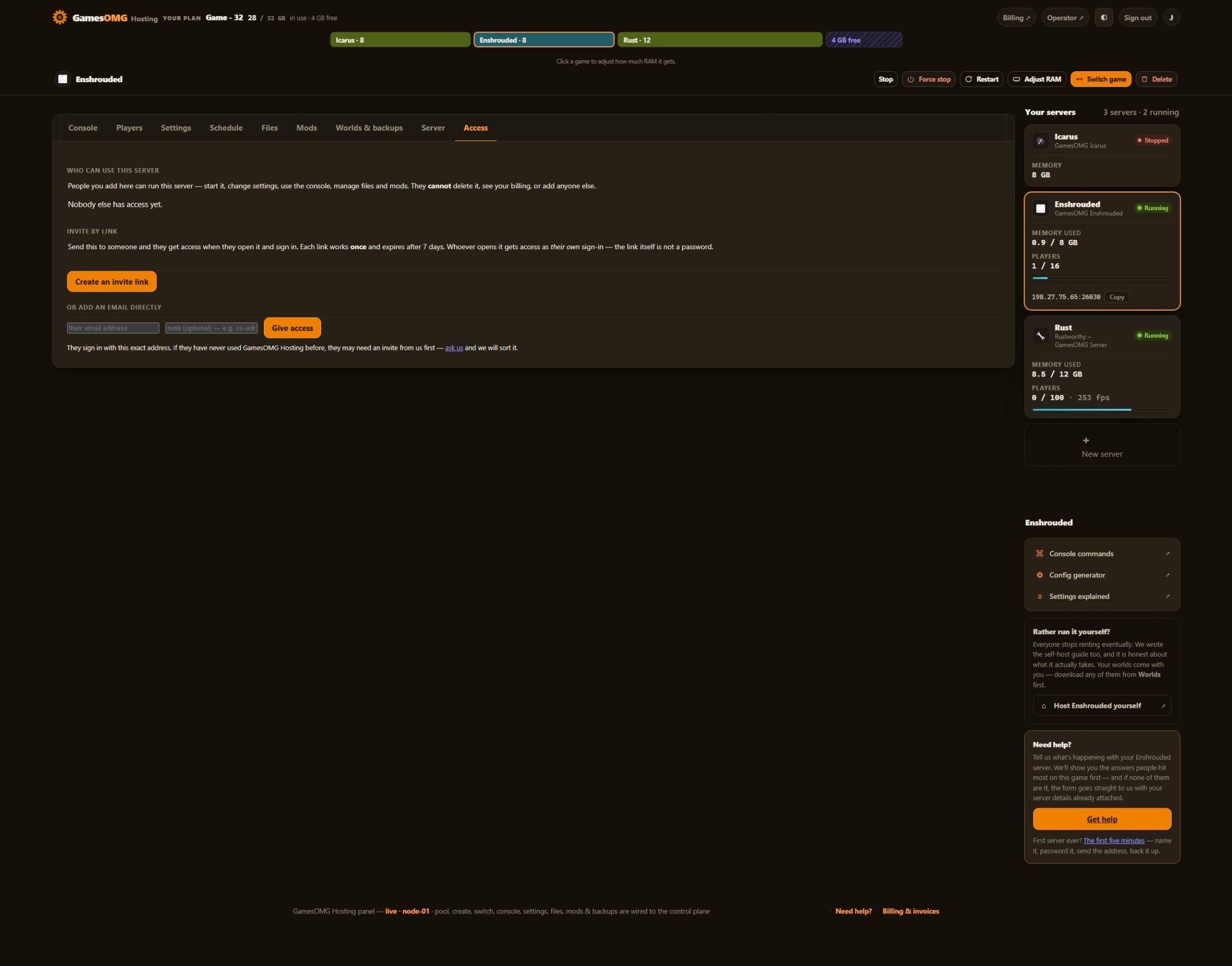 The access tab in the GamesOMG Hosting panel, shown on a Enshrouded server