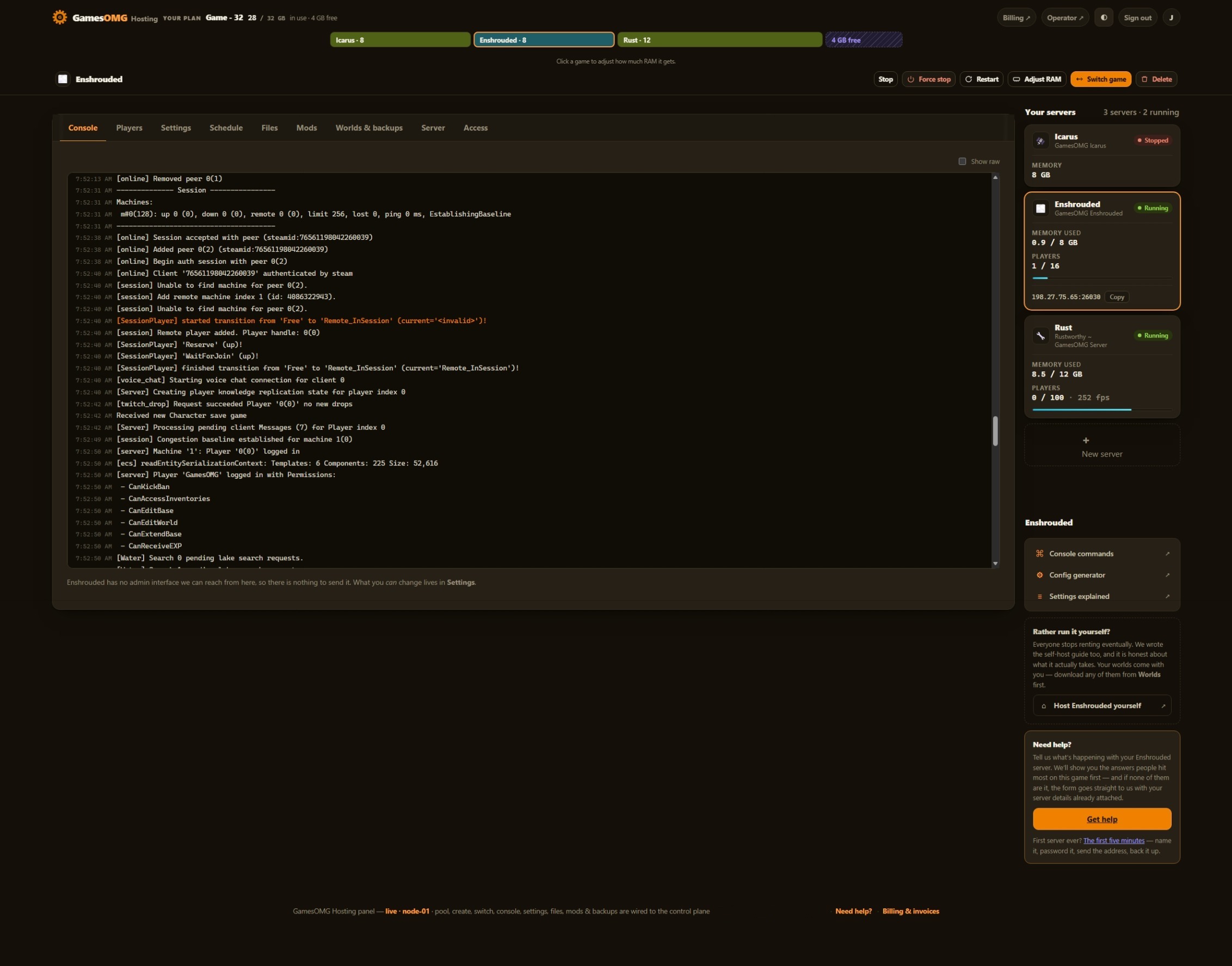 The console tab in the GamesOMG Hosting panel, shown on a Enshrouded server