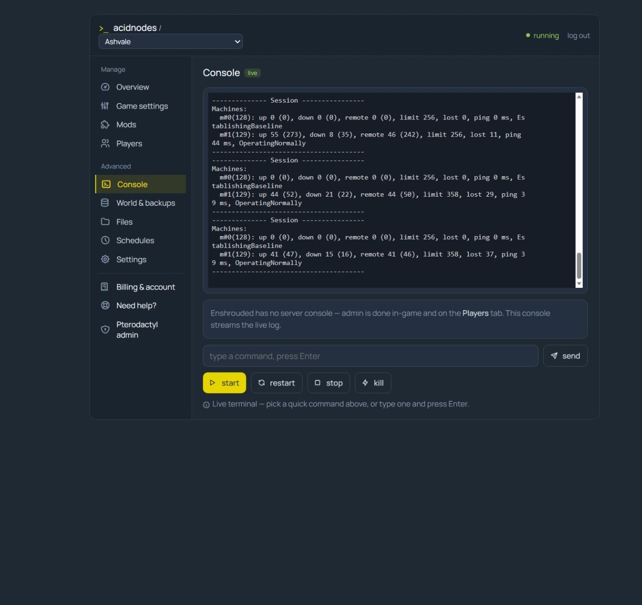 AcidNodes console for an Enshrouded community server — live log, scheduled restart and stats