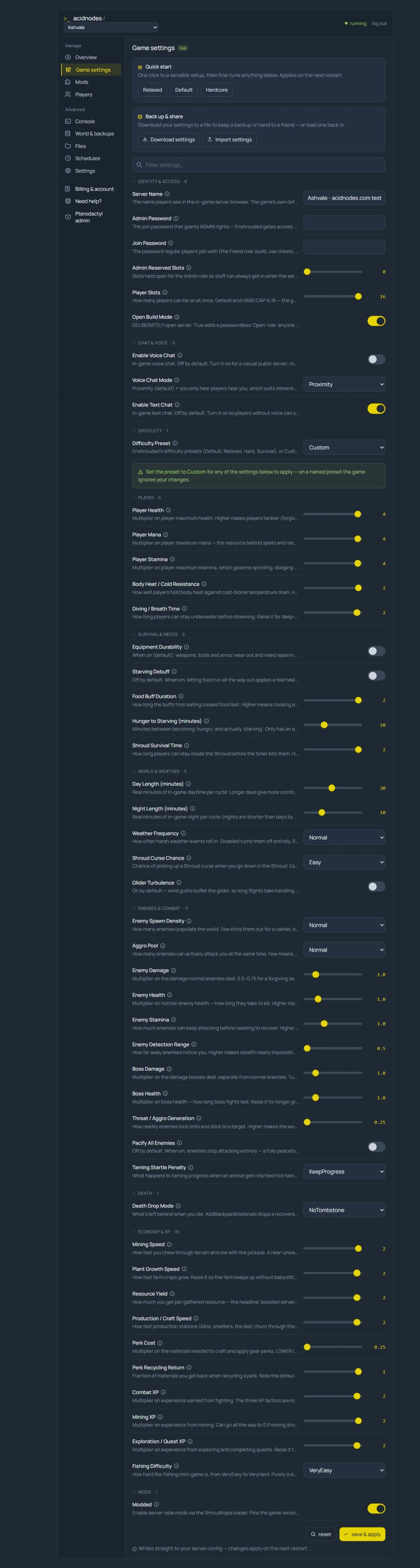 Enshrouded Game Settings in the AcidNodes panel — all 64 world settings and the role system as labeled fields