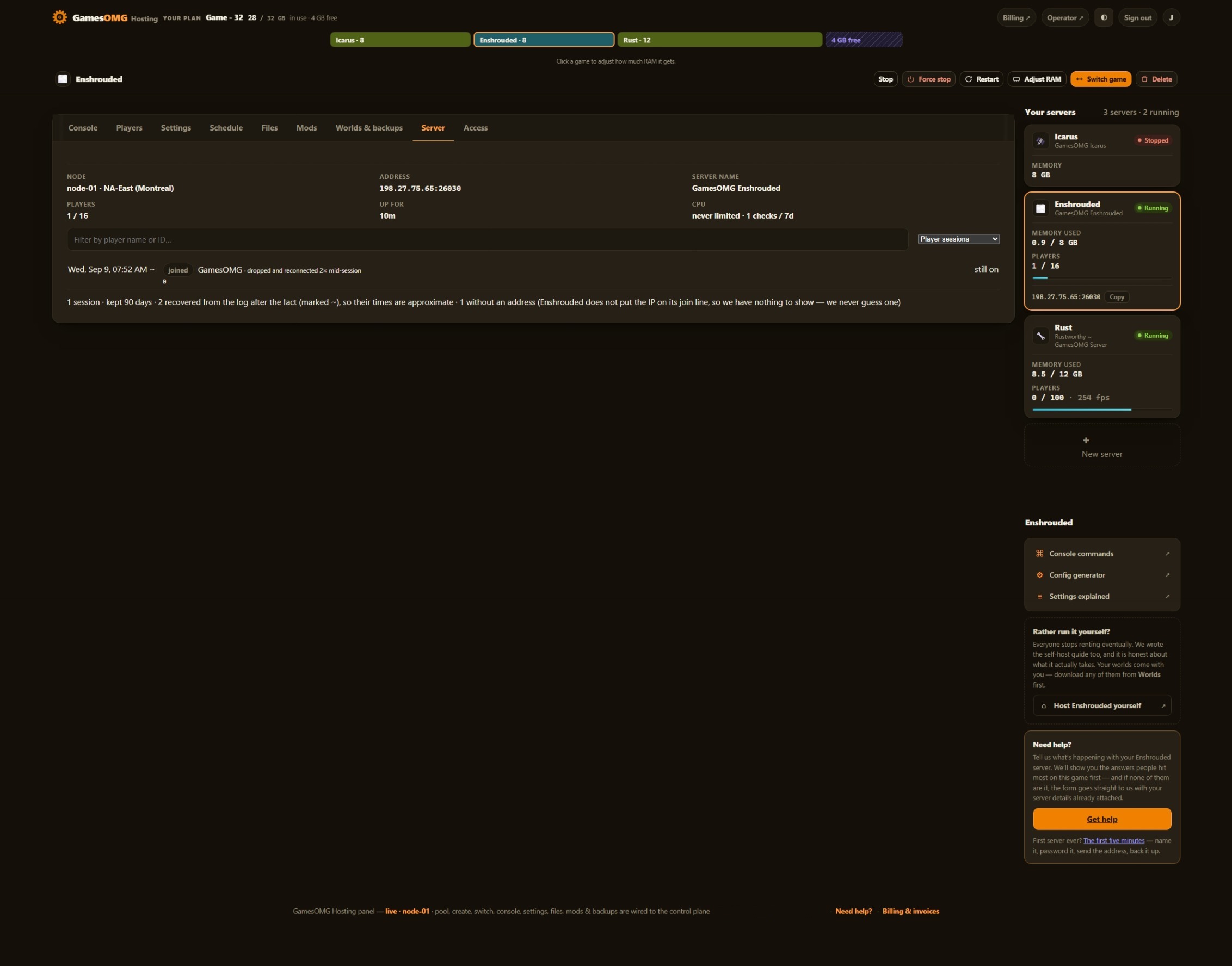 The history tab in the GamesOMG Hosting panel, shown on a Enshrouded server