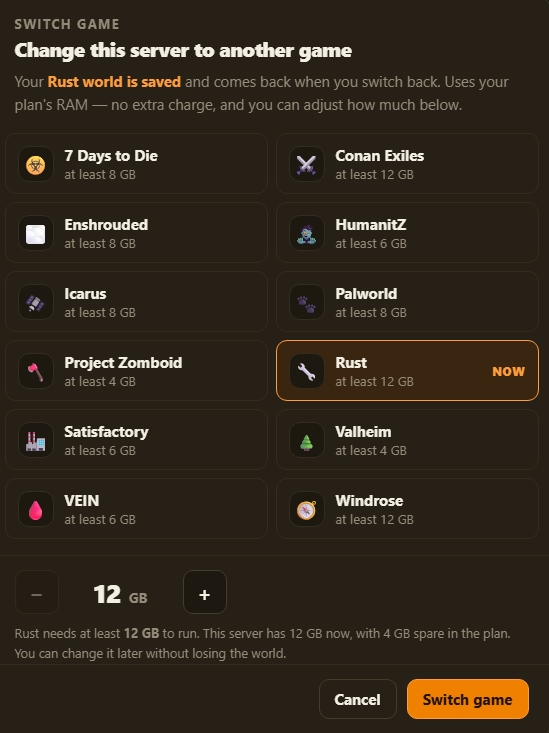 The Switch game dialog in the panel: every game we host with the RAM each needs, and a note that your world is saved and comes back when you switch back.