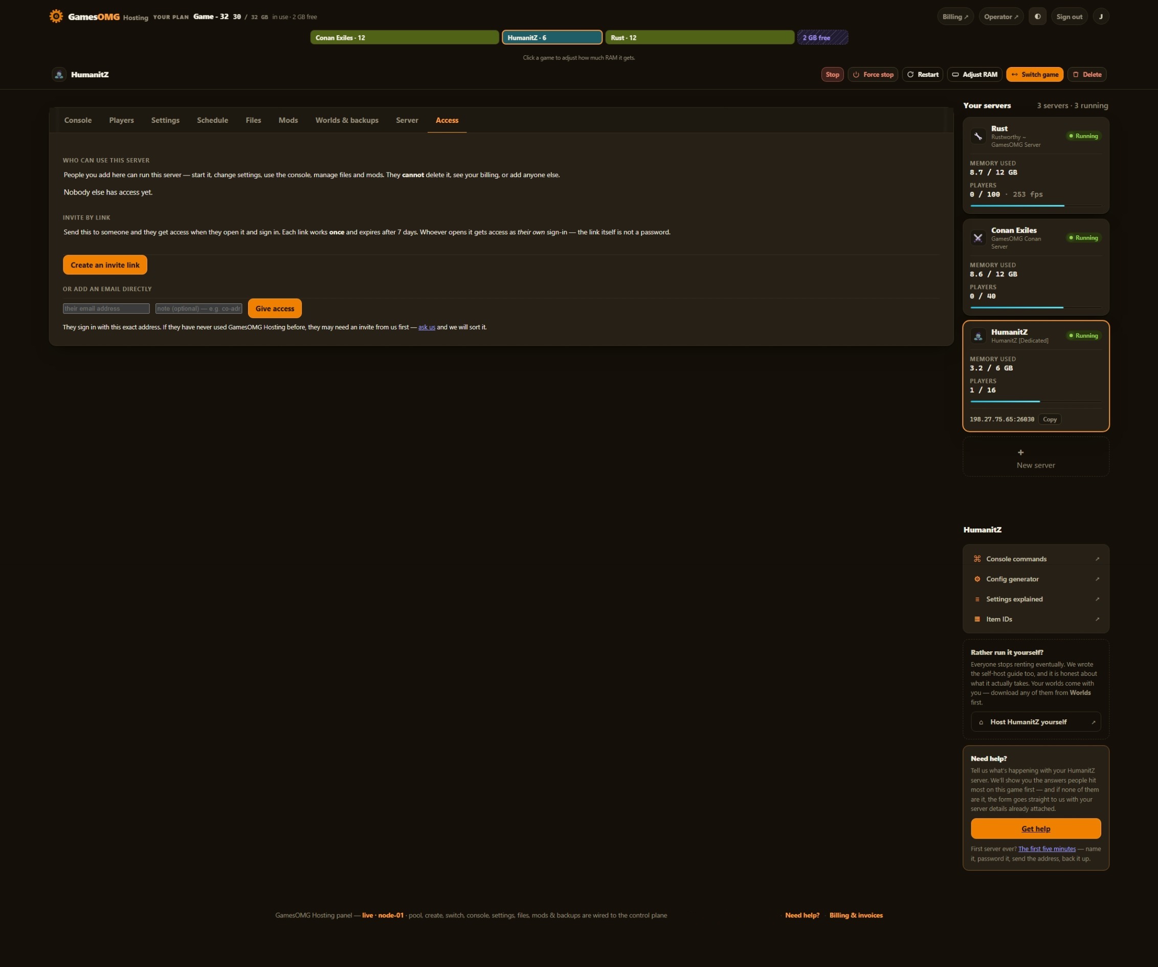 The access tab in the GamesOMG Hosting panel, shown on a HumanitZ server
