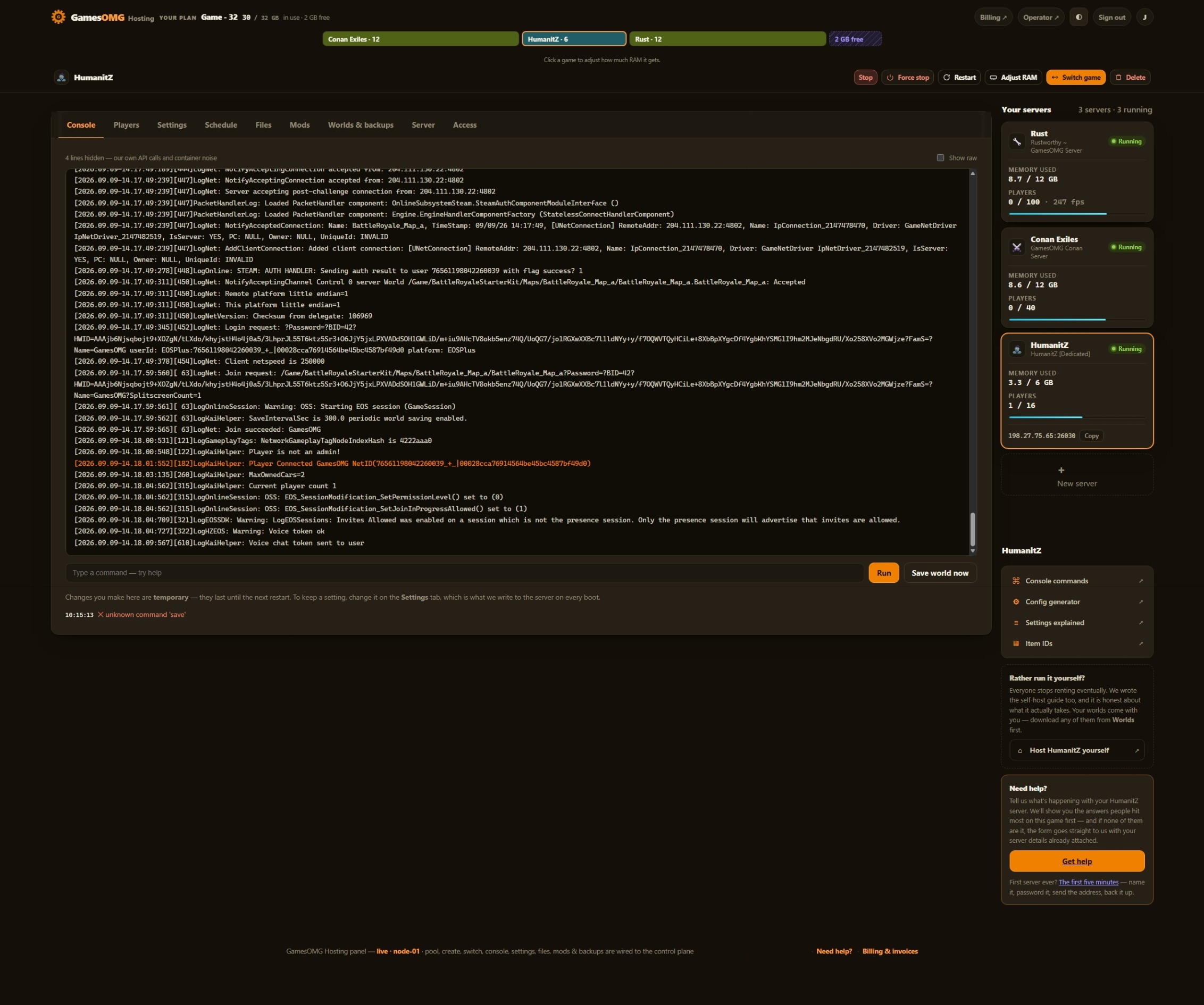 HumanitZ console in the GamesOMG Hosting panel