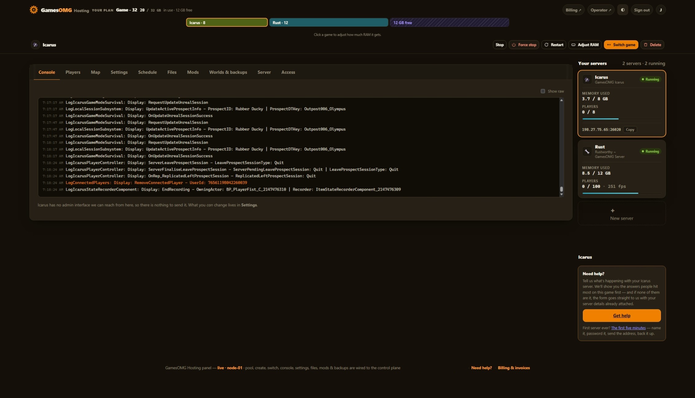Icarus console in the GamesOMG Hosting panel