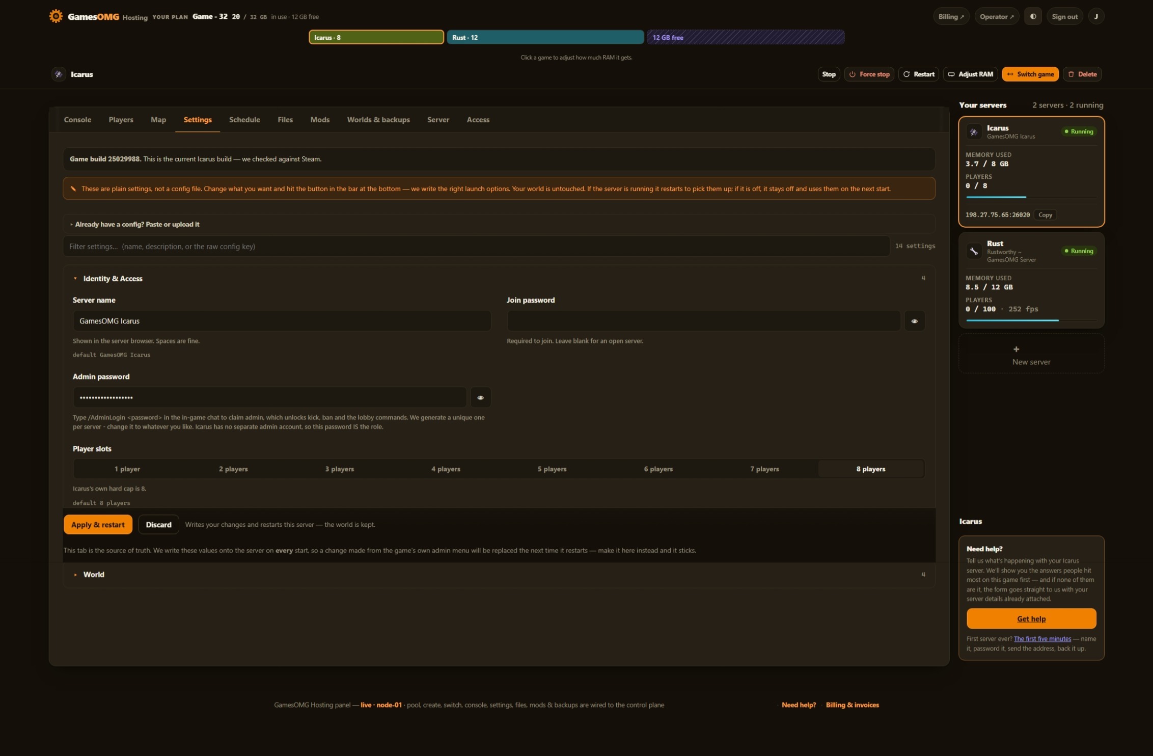 Icarus settings in the GamesOMG Hosting panel