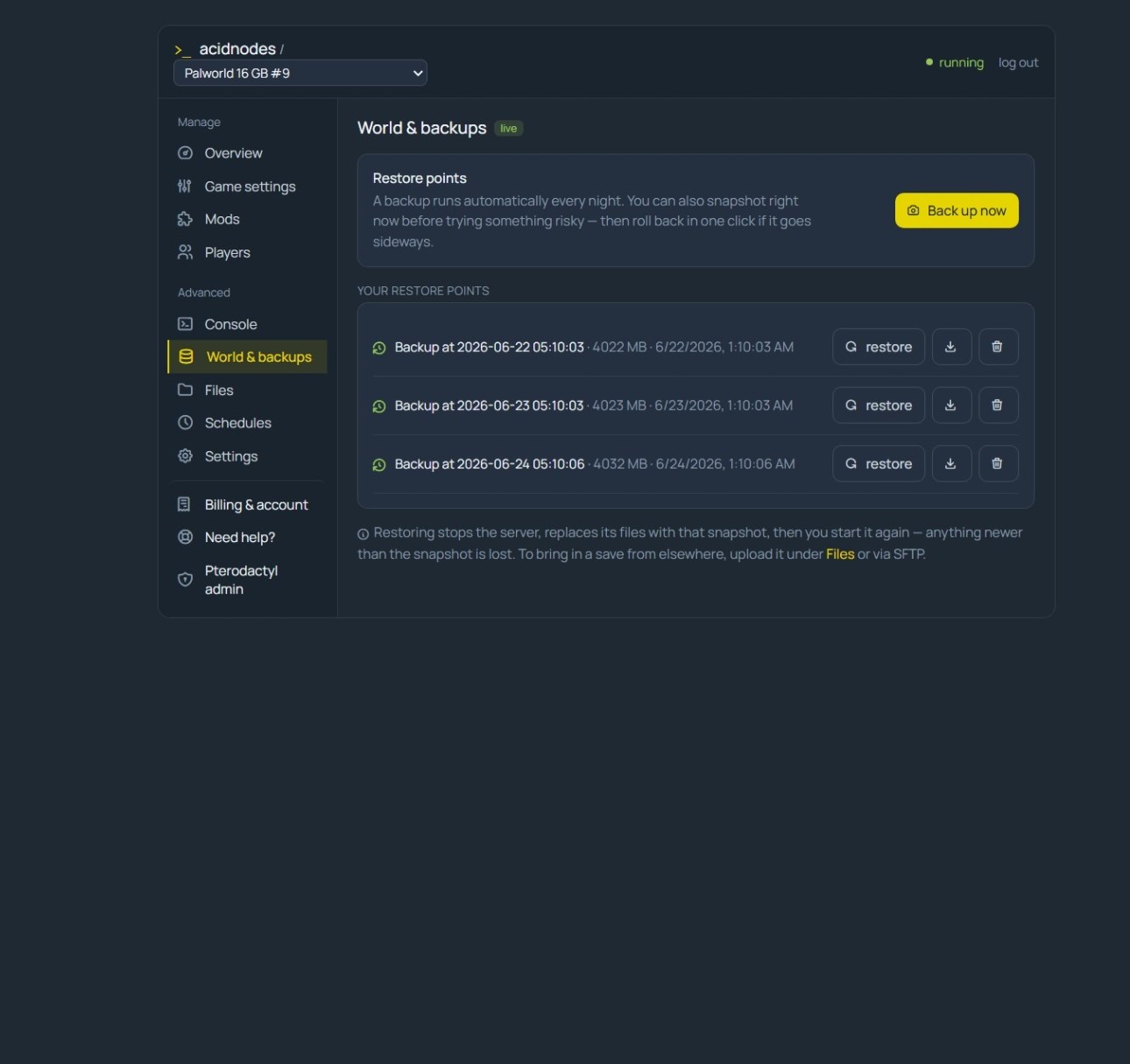 Nightly backups for a Palworld server in the AcidNodes panel, with checksums