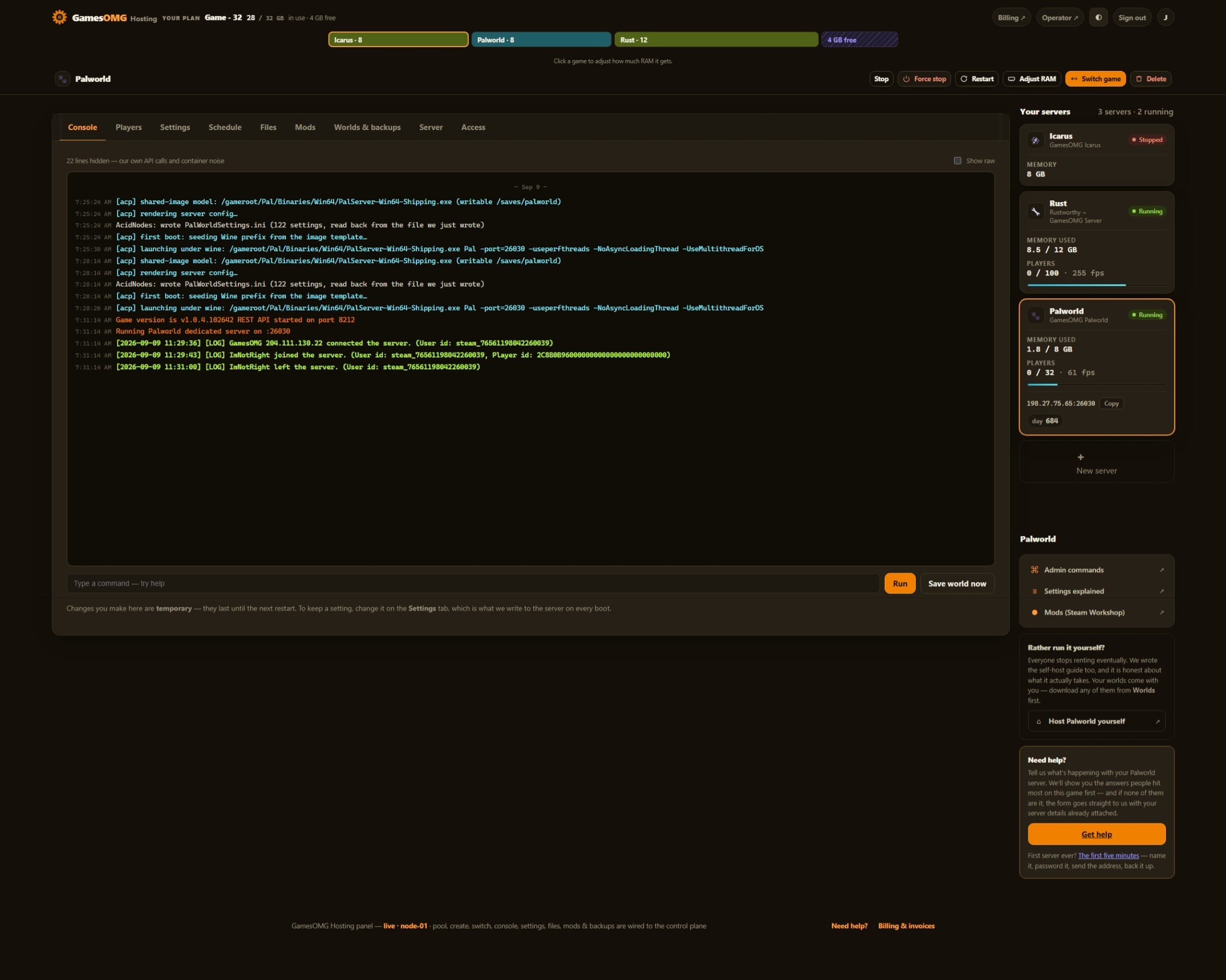 Palworld console in the GamesOMG Hosting panel