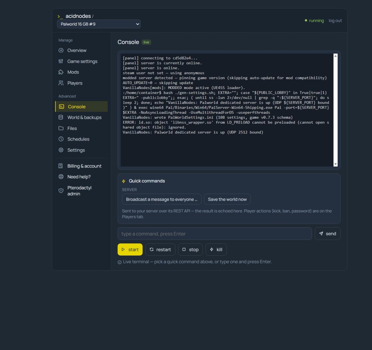 AcidNodes console for a Palworld community server — live log, scheduled restart, stats and quick commands