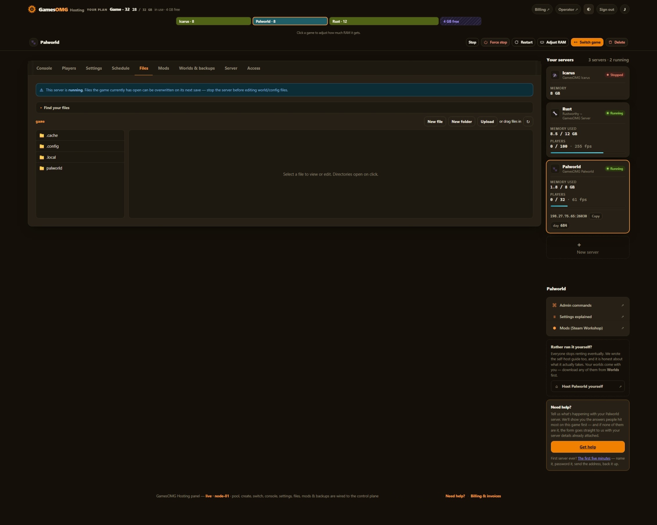 The files tab in the GamesOMG Hosting panel, shown on a Palworld server