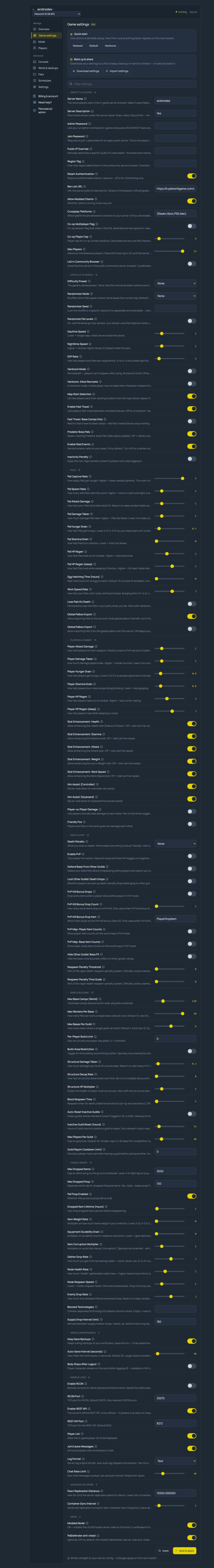 Palworld Game Settings in the AcidNodes panel — all 116 server settings as labeled fields