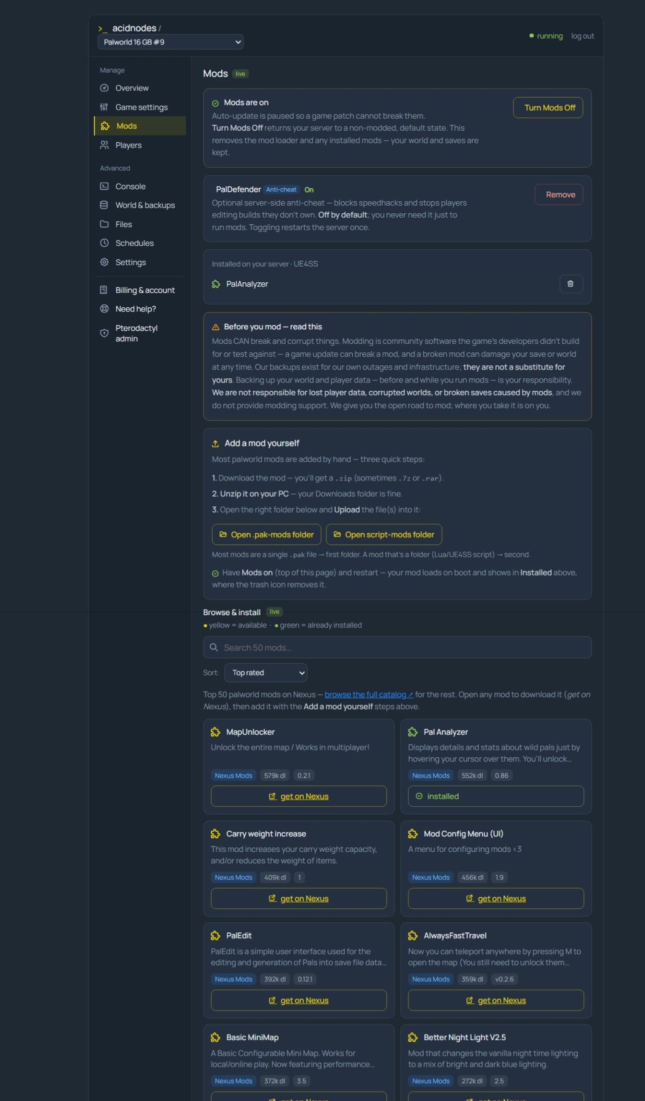 Palworld mods in the AcidNodes panel — one-click installs from a curated Steam Workshop shelf