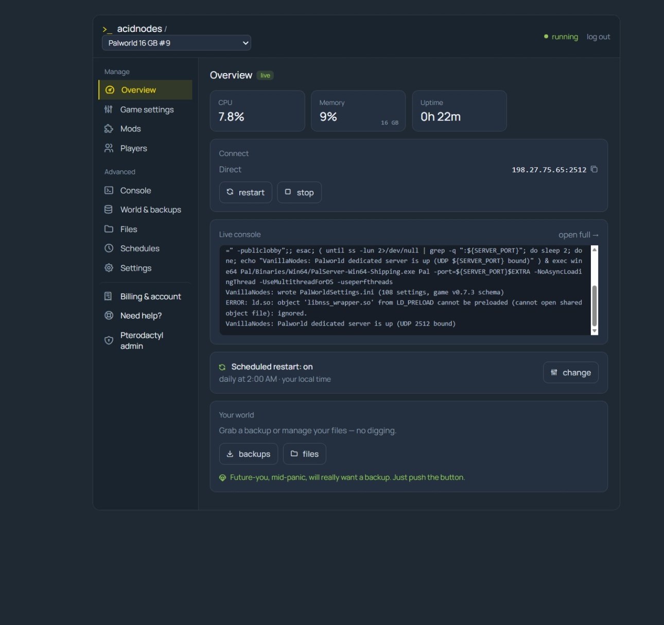 Palworld server overview in the AcidNodes panel — CPU, RAM, uptime, direct-connect IP, power controls and restart schedule