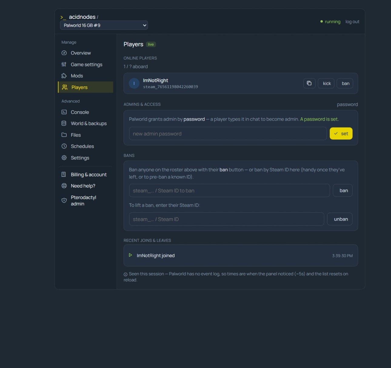 Palworld live player roster in the AcidNodes panel — names, level, ping, kick and ban