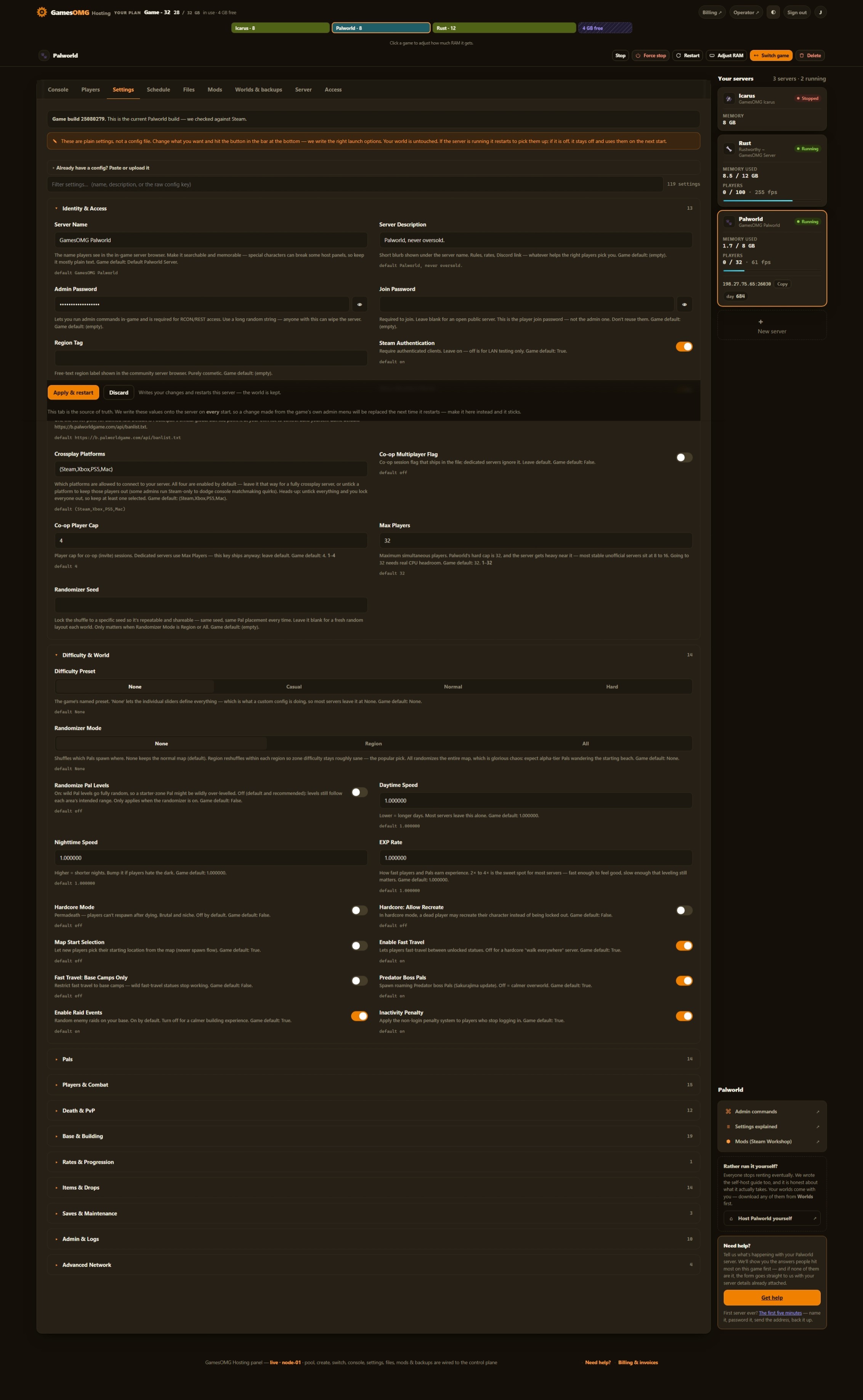 Palworld settings in the GamesOMG Hosting panel