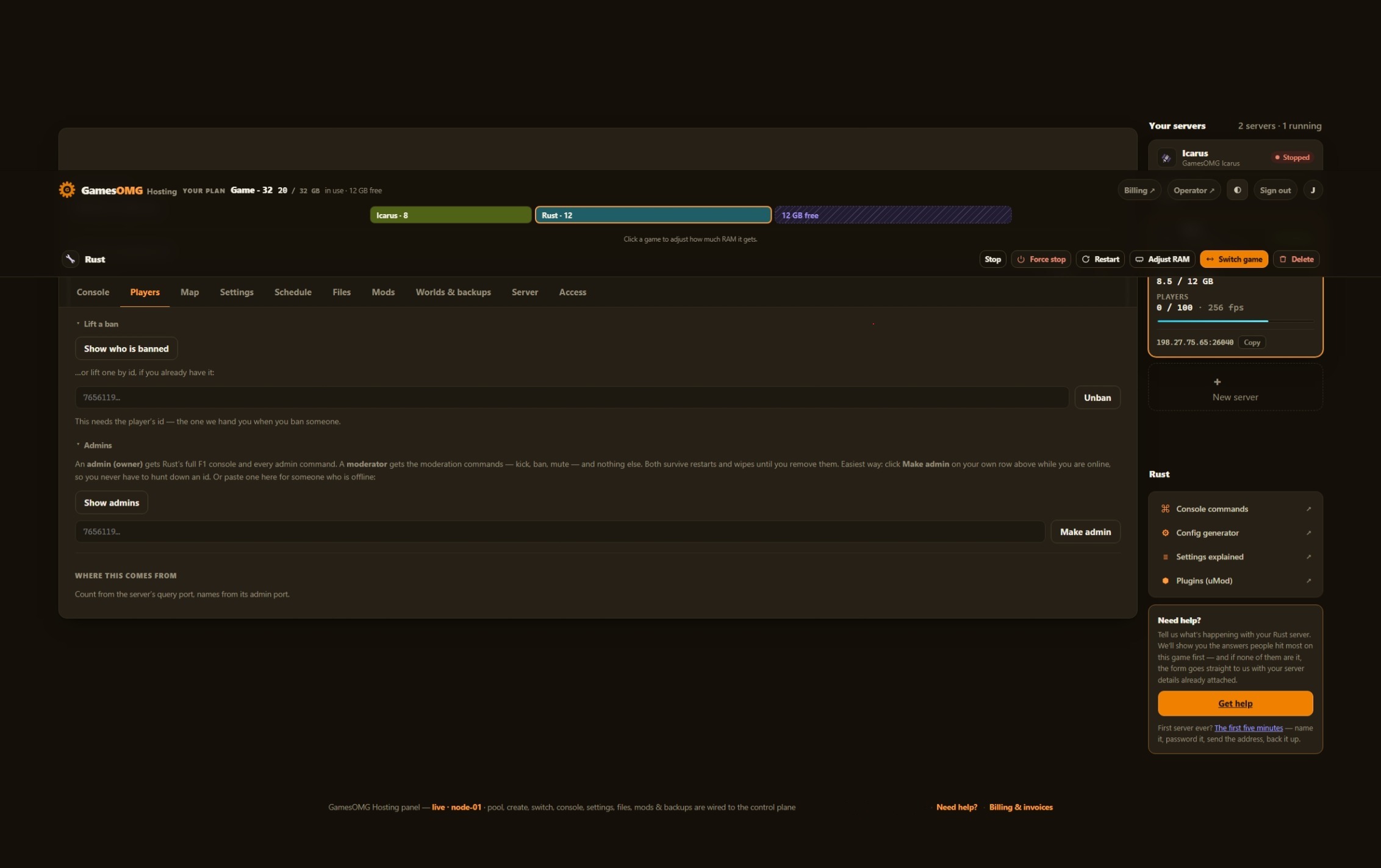 The players tab in the GamesOMG Hosting panel, shown on a Rust server