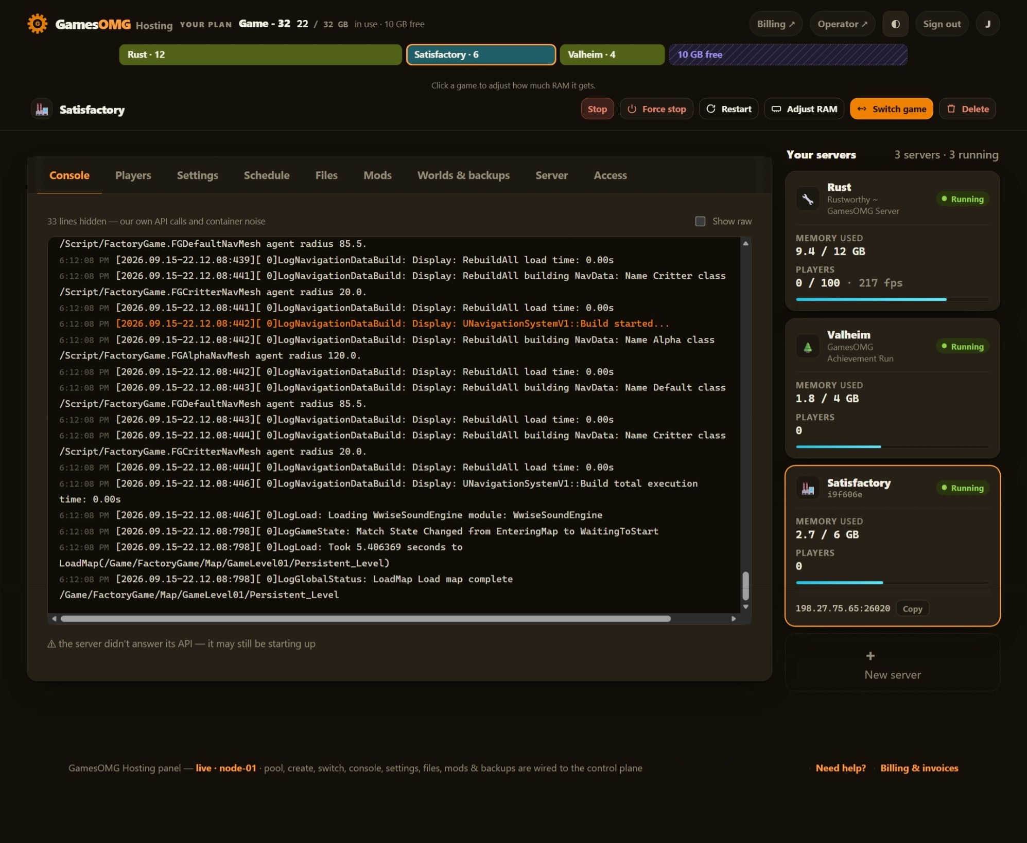 The console tab in the GamesOMG Hosting panel, shown on a Satisfactory server