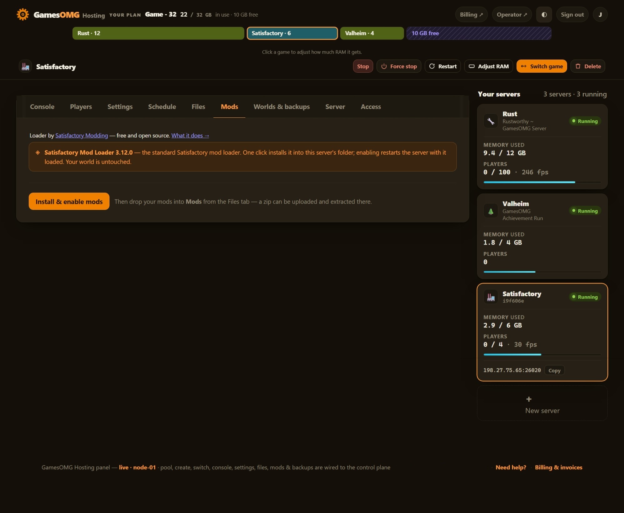 Satisfactory mods in the GamesOMG Hosting panel