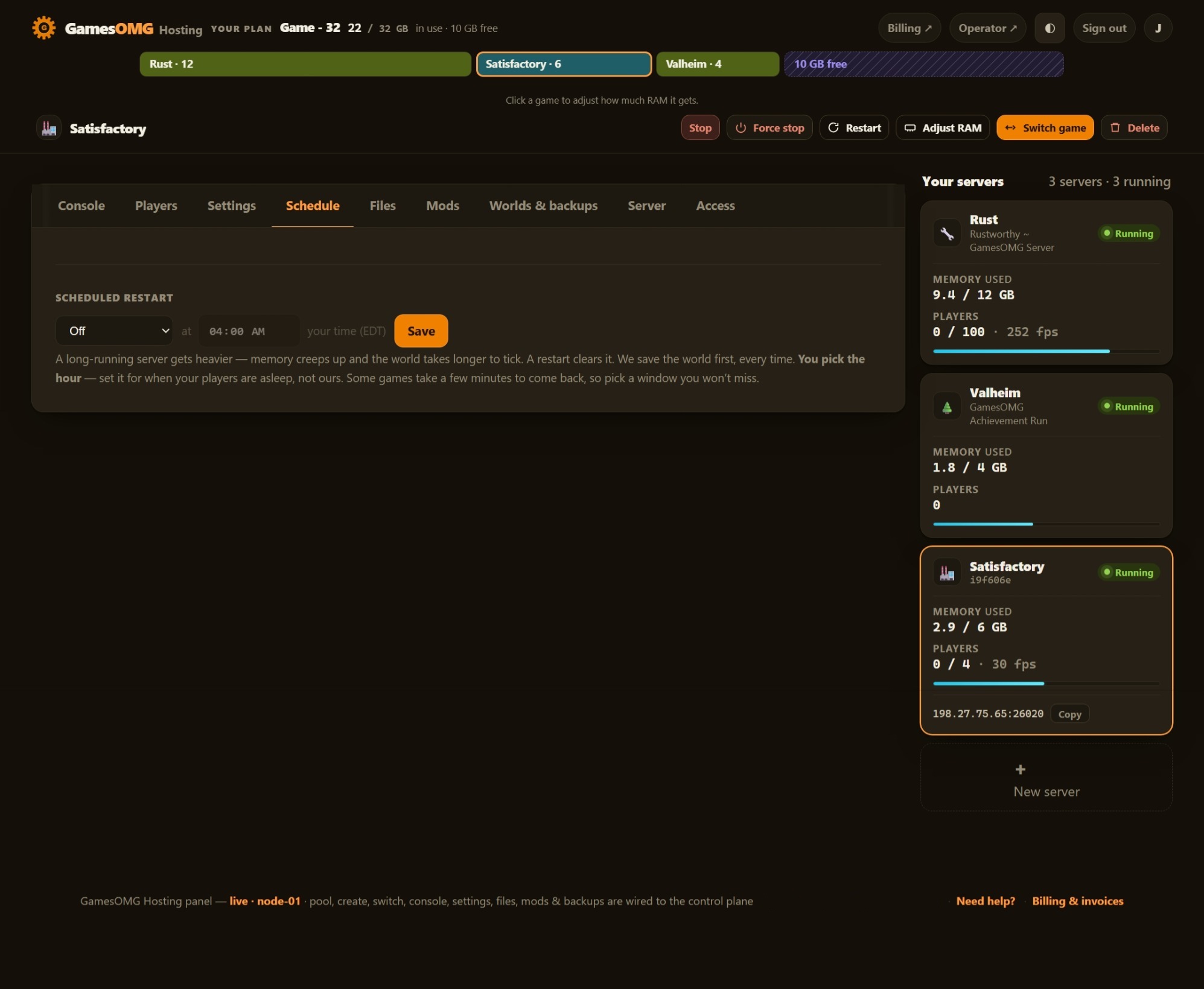 Satisfactory schedule in the GamesOMG Hosting panel