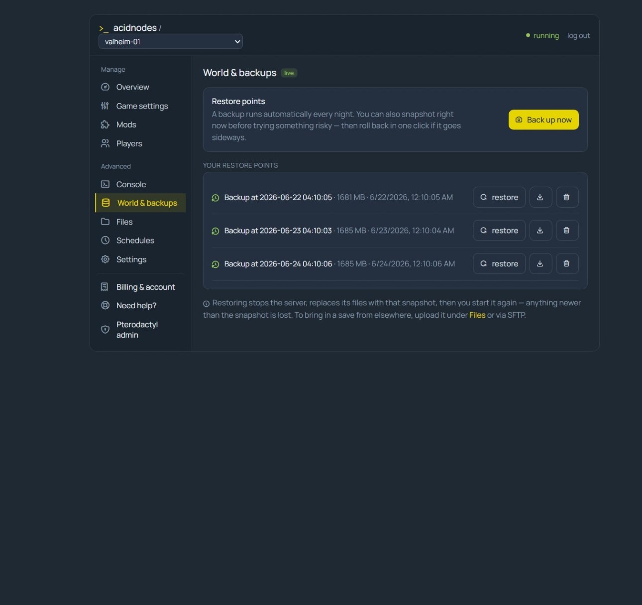 Nightly backups for a Valheim server in the AcidNodes panel, with checksums