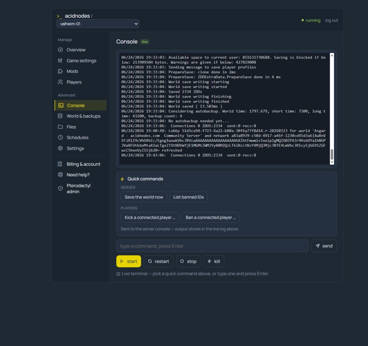 AcidNodes console for a Valheim community server — live log, scheduled restart and resource stats