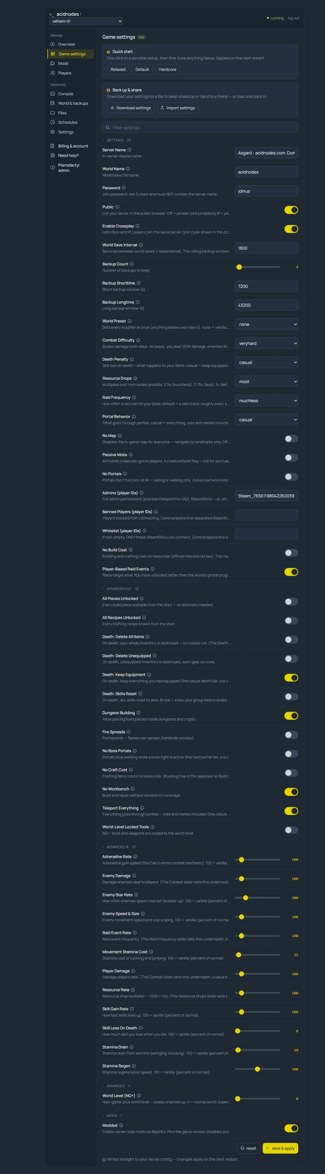 Valheim Game Settings in the AcidNodes panel — world modifiers and 26 advanced keys as labeled fields