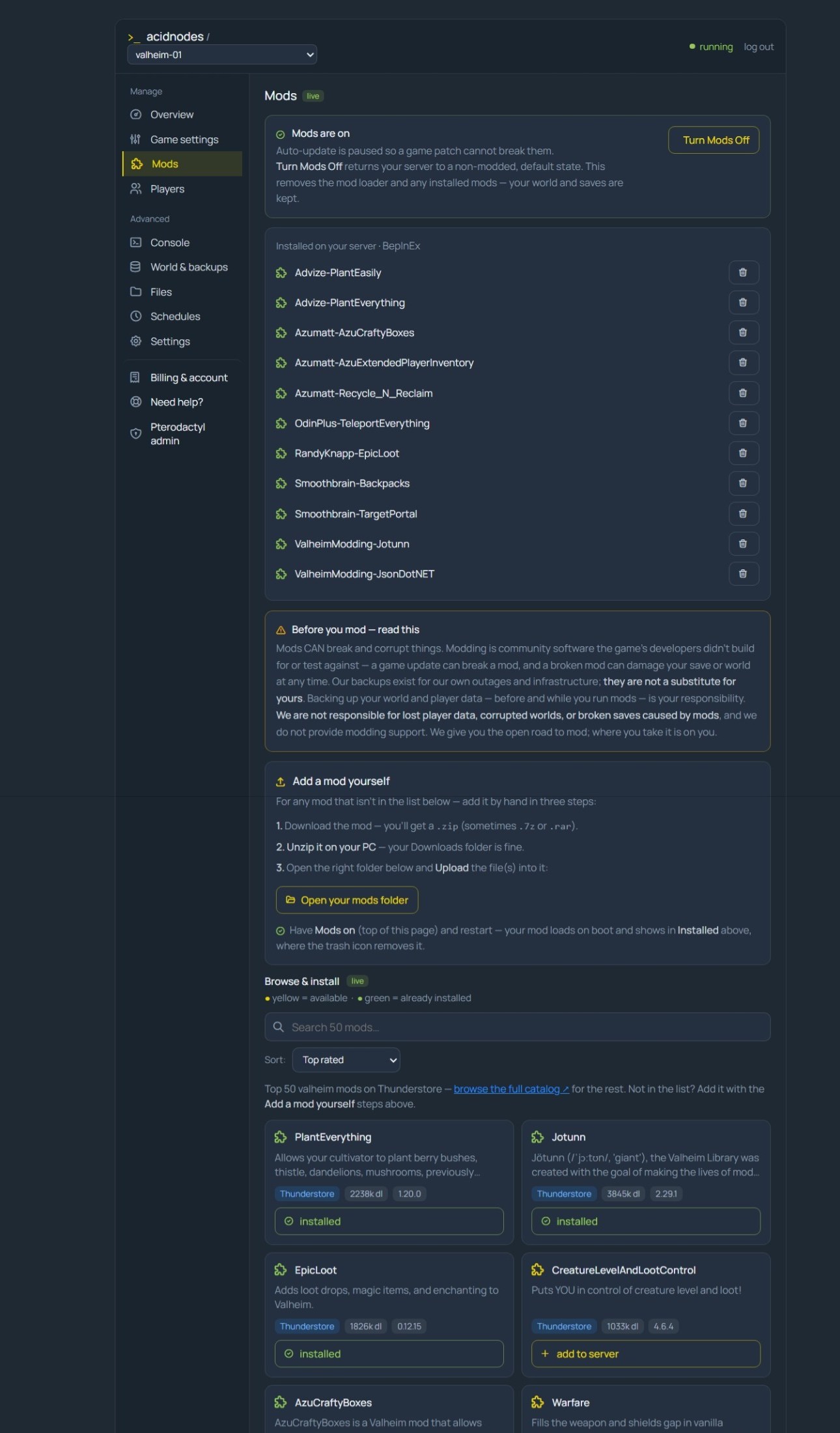 Valheim mods in the AcidNodes panel — the BepInEx loader and file-manager mod upload