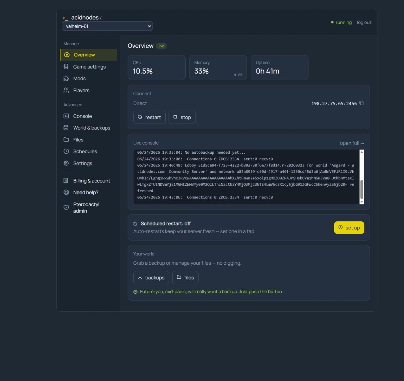 Valheim server overview in the AcidNodes panel — CPU, RAM, uptime, direct-connect IP, power controls and restart schedule