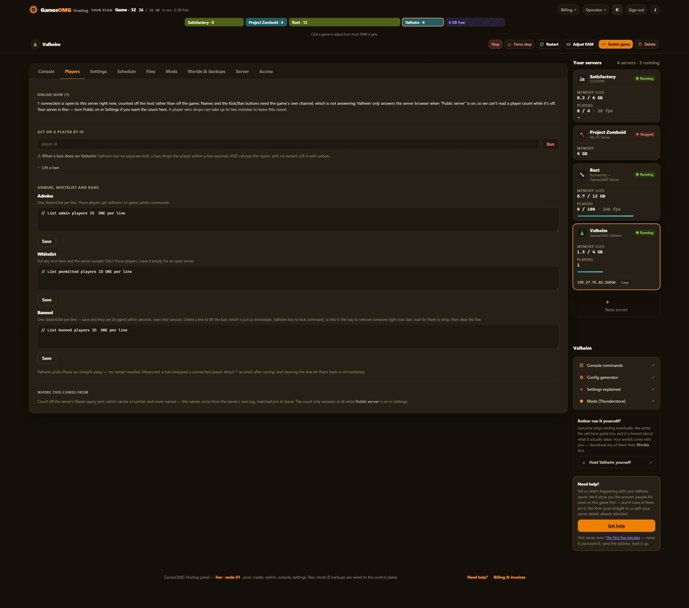 The players tab in the GamesOMG Hosting panel, shown on a Valheim server