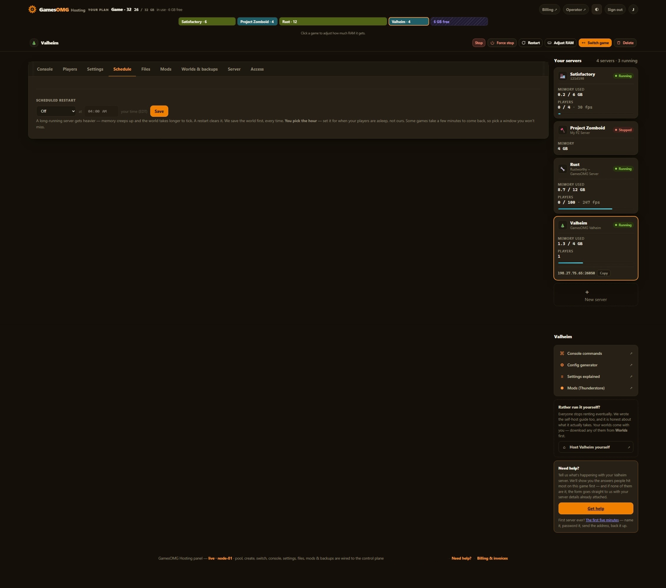 The schedule tab in the GamesOMG Hosting panel, shown on a Valheim server