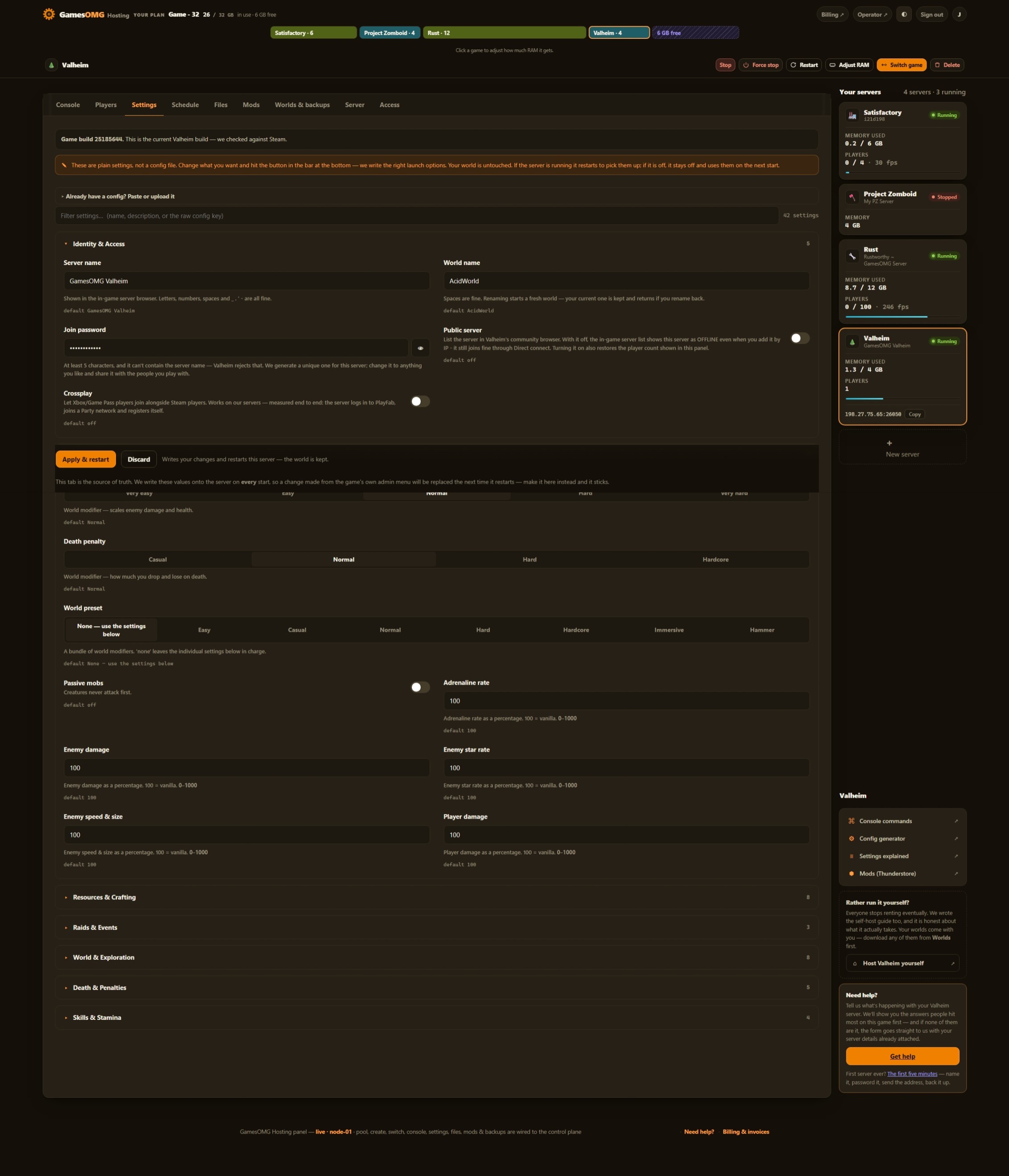 Valheim settings in the GamesOMG Hosting panel