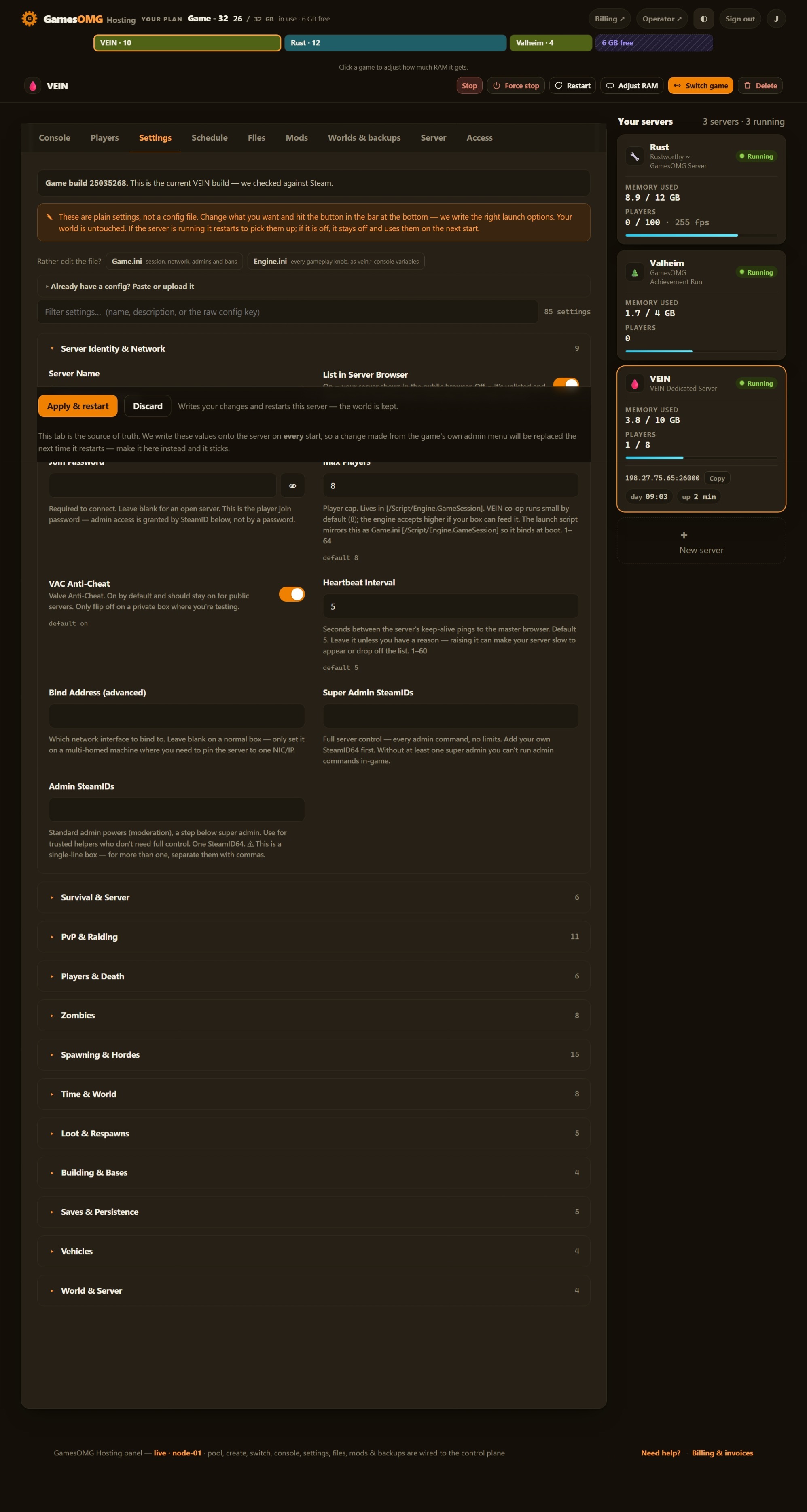 The settings tab in the GamesOMG Hosting panel, shown on a VEIN server