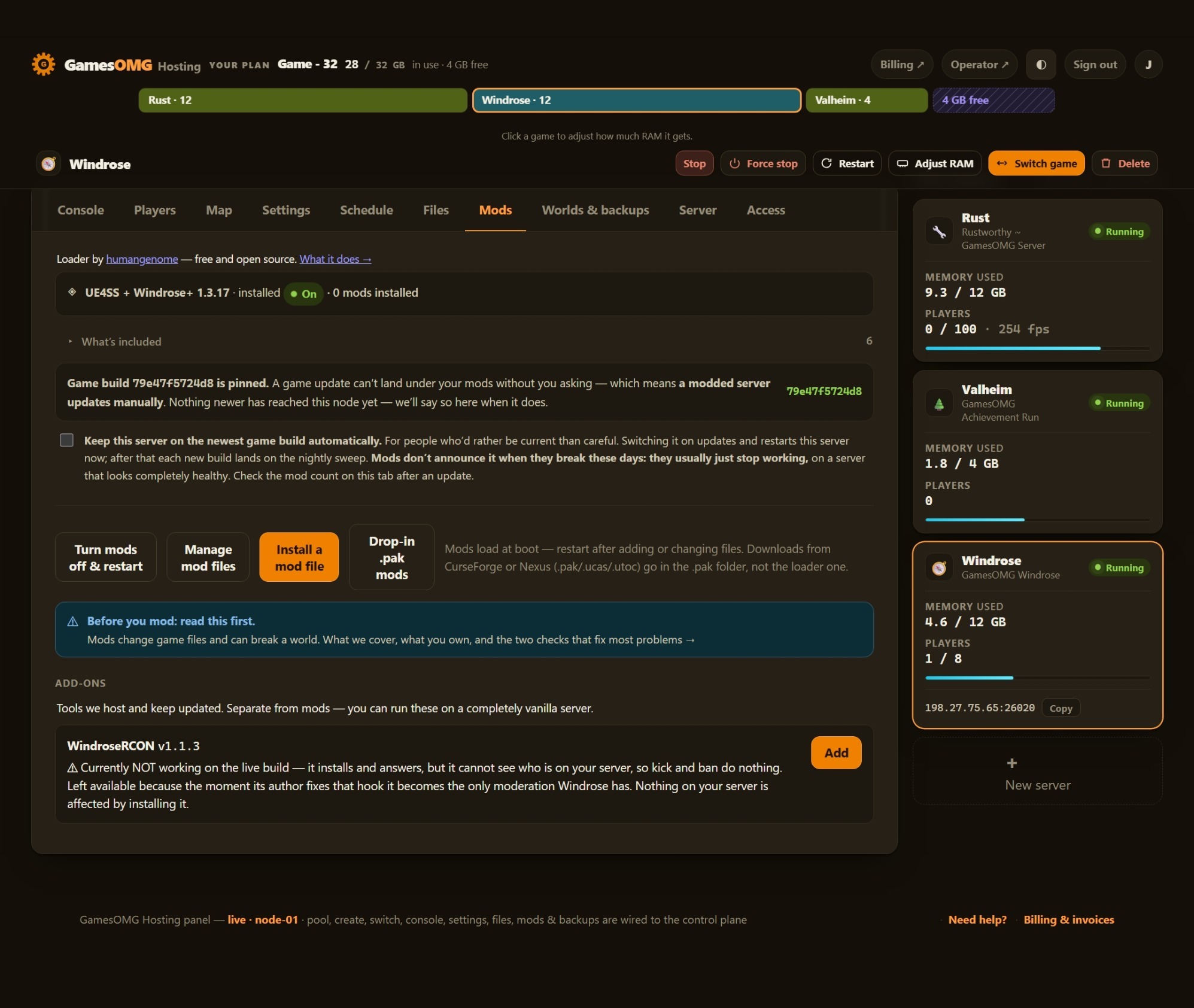 The mods tab in the GamesOMG Hosting panel, shown on a Windrose server