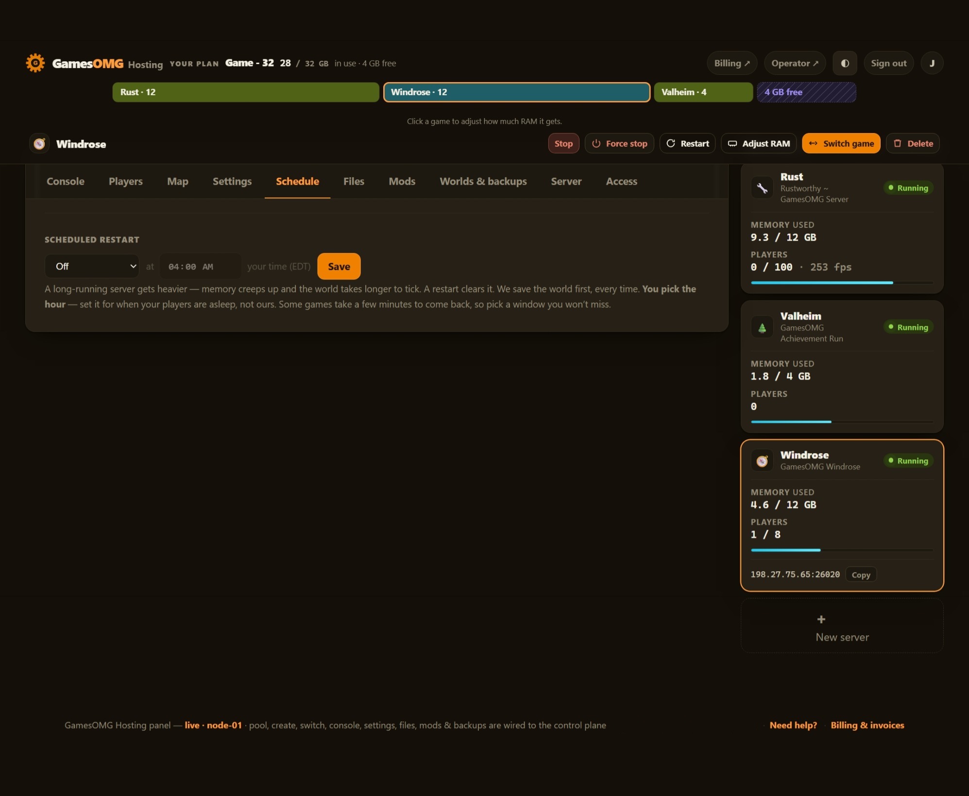 The schedule tab in the GamesOMG Hosting panel, shown on a Windrose server